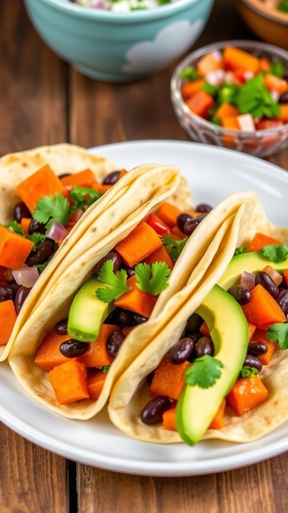 Sweet Potato and Black Bean Tacos with avocado and cilantro on a rustic table.